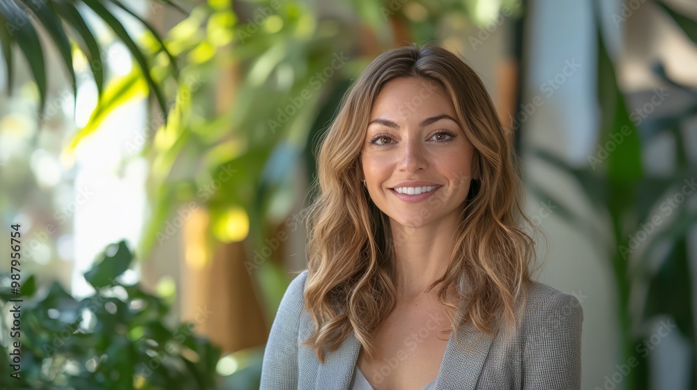 A woman with long wavy hair smiles confidently in a well-lit indoor space surrounded by lush green plants A woman with long wavy hair smiles confidently in a well-lit indoor space surrounded by lush green plants