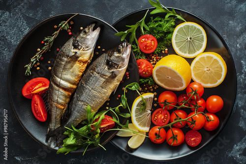 Grilled fish, cherry tomatoes, fresh herbs, lemon wedges on dark plate, healthy pescatarian meal concept photo