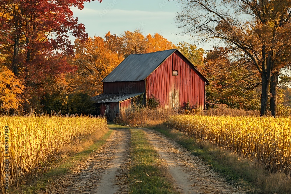 Red barn with dirt road in a golden cornfield during fall season with vibrant orange trees