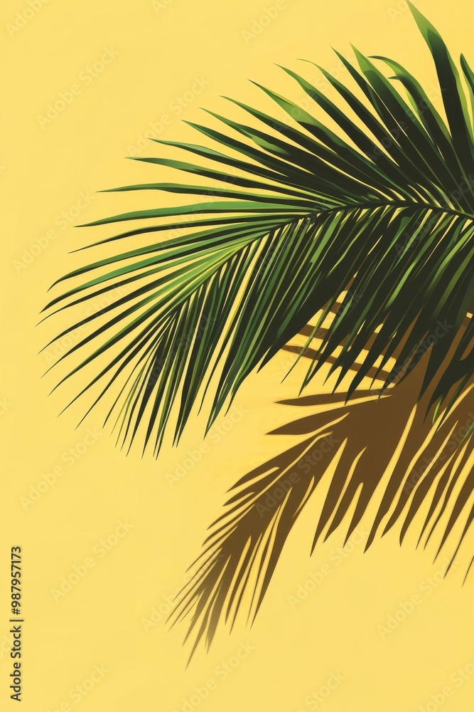 Simple shape poster illustration of a palm leaf casting a shadow on a sunlit wall Simple shape poster illustration of a palm leaf casting a shadow on a sunlit wall