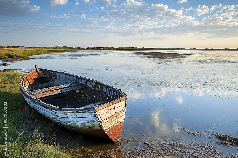 Obraz premium Lonely wooden boat on a lake shore at sunset with beautiful sky, landscape photography