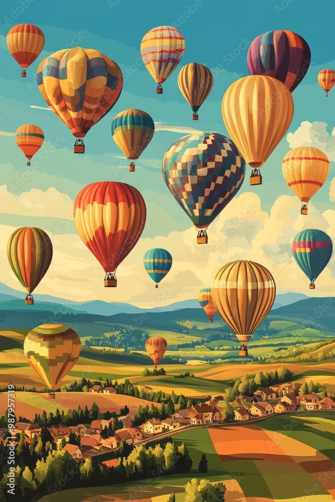 Fototapeta premium Simple shape poster illustration of a vibrant hot air balloon festival a sky filled with colorful hot air balloons of various shapes and sizes