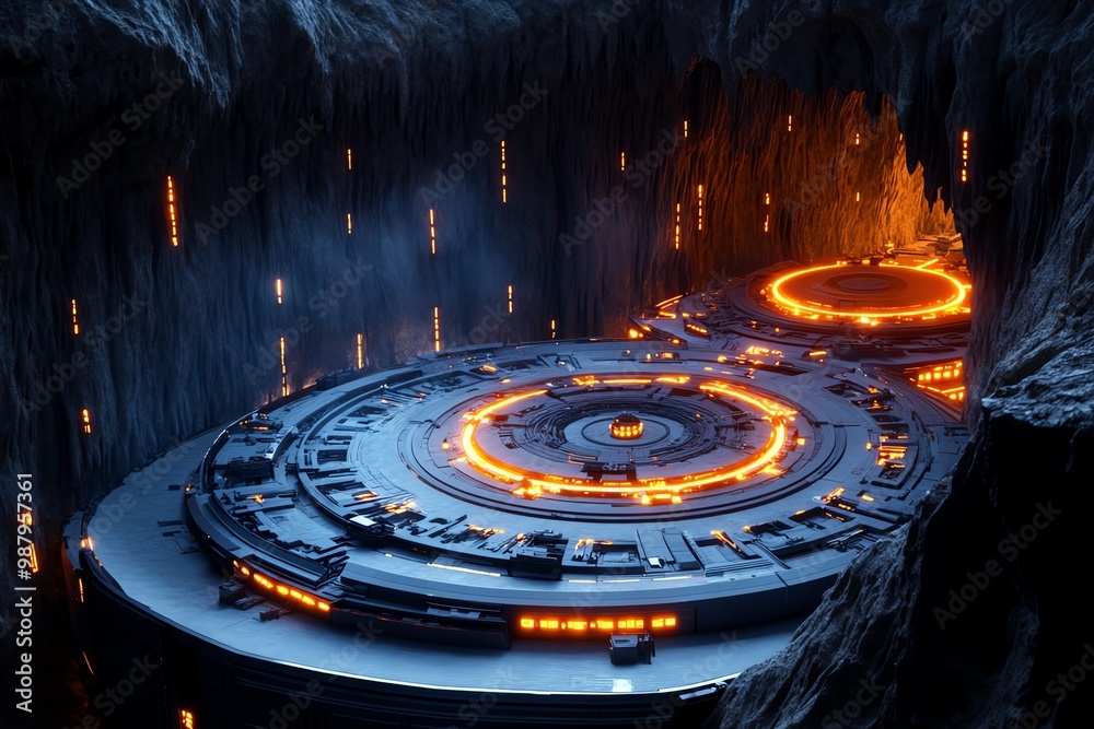 Futuristic subterranean colony, built into the walls of a massive cavern, with advanced robotics and glowing energy sources Futuristic subterranean colony, built into the walls of a massive cavern, with advanced robotics and glowing energy sources