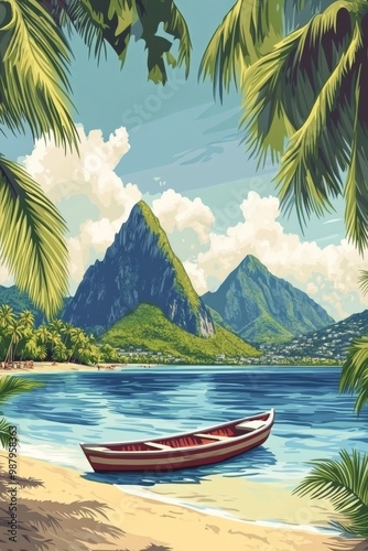 Stunning vintage poster about saint lucia with the pitons view from beach boat on water vacation vector illustration 