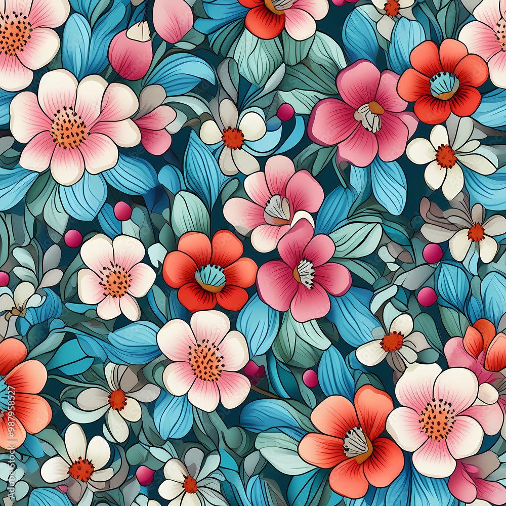 Seamless floral pattern, Illustration of flowers, stumpwork embroidery style Seamless floral pattern, Illustration of flowers, stumpwork embroidery style