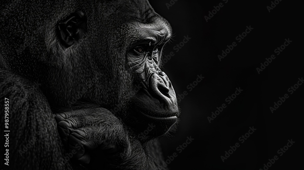 Portrait of a gorilla presented in monochrome black and white deep photography
