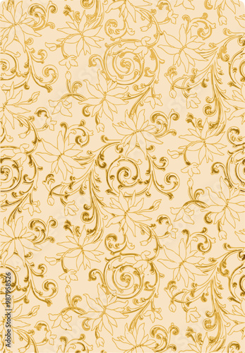 Pattern of delicate white flowers with gold accents, set against a light yellow background that creates a sense of symmetry and harmony