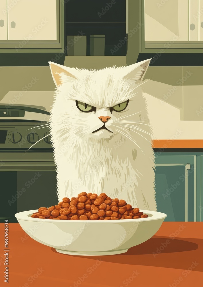 Φωτογραφία vector art of white cat looking at full bowl of cat food with a judgemental face