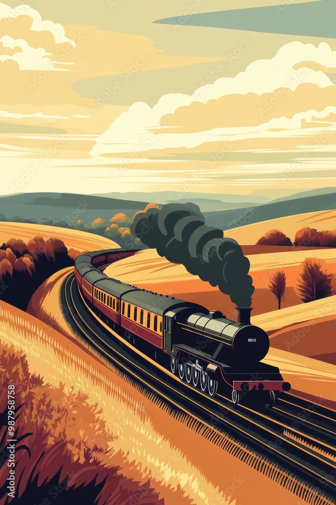 Vector art poster illustration of a steam train passing through rolling hills and open fields with a simple clean sky
