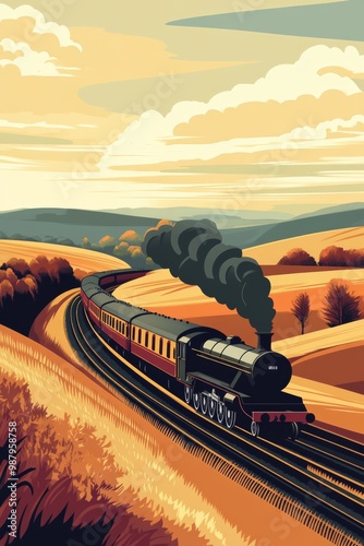 Obraz na płótnie Vector art poster illustration of a steam train passing through rolling hills and open fields with a simple clean sky w salonie