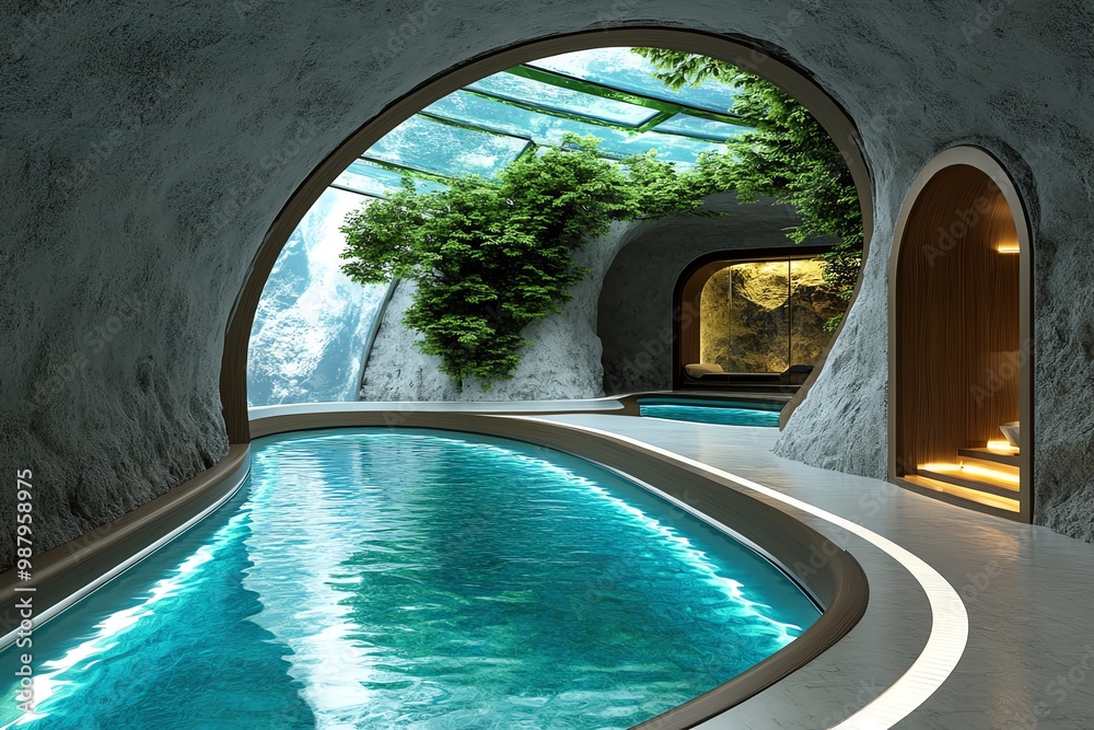 Obraz premium Futuristic subterranean living quarters, with sleek designs, advanced technology, and crystal-clear skylights peeking through the earth