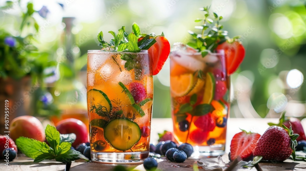 Refreshing Tropical Cocktail with Berries and Mint in Garden Setting Refreshing Tropical Cocktail with Berries and Mint in Garden Setting
