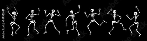 Skeleton dance. Funny Halloween skull and bones. Creepy death characters in dynamic poses. Trick or treat holiday. Corpse dancer. Monster disco party. Skeletal body. Garish vector set