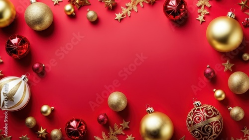 Festive arrangement of Christmas ornaments on a red background for holiday decoration.