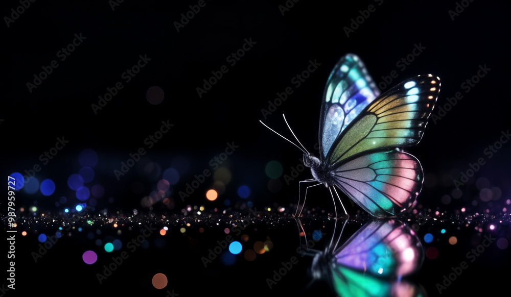 A colorful holographic butterfly on a black background with bokeh sparkles. A colorful holographic butterfly on a black background with bokeh sparkles.
