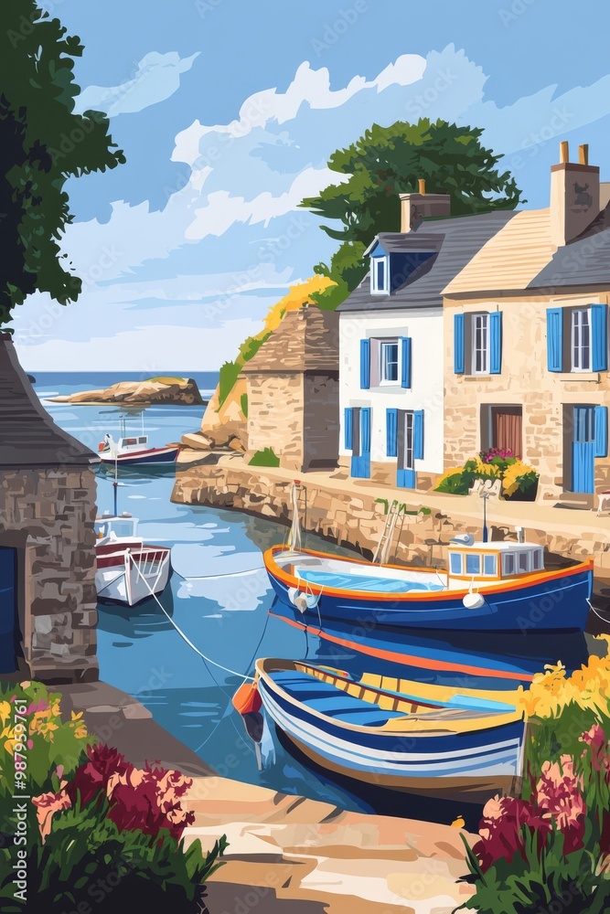 Poster illustration of a charming breton fishing village with colorful boats moored in a small harbor