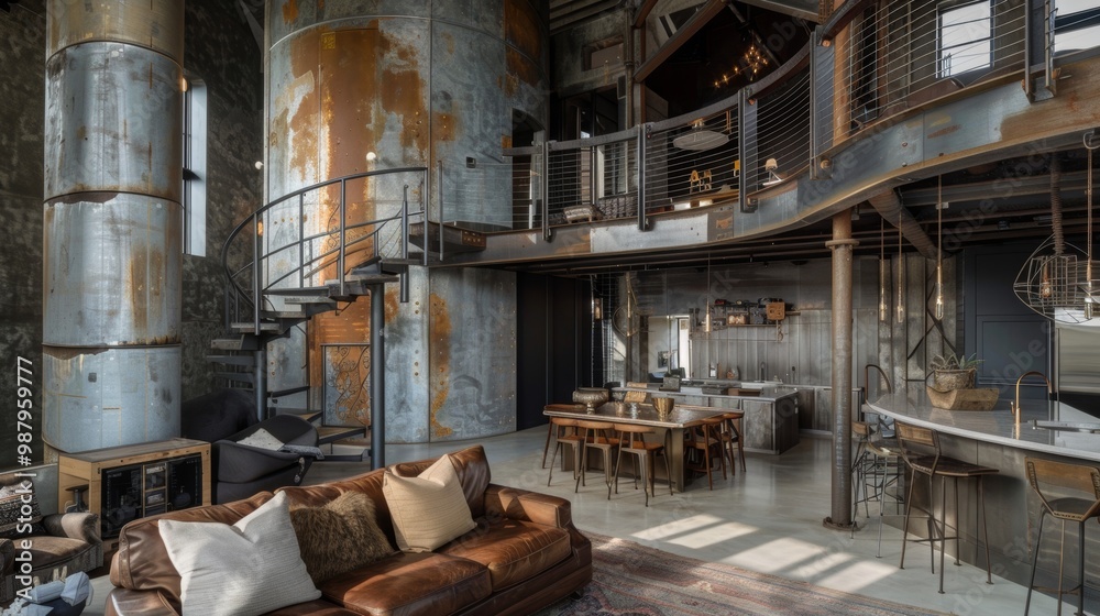 Rustic Industrial Loft Interior with Exposed Brick Pipes and Machinery Rustic Industrial Loft Interior with Exposed Brick Pipes and Machinery