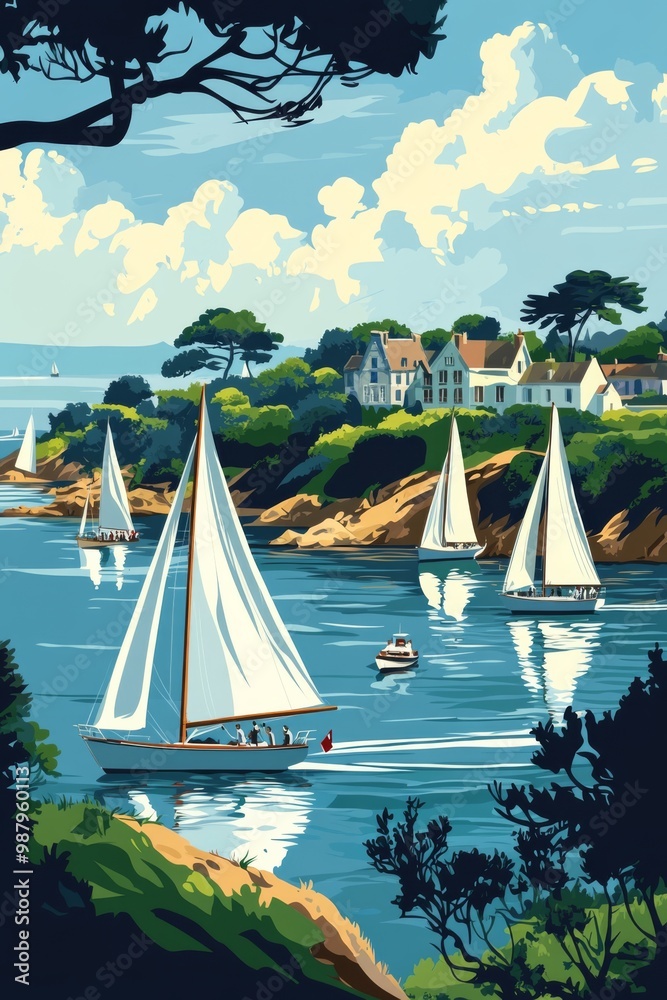 Poster illustration of a sailing regatta in the gulf of morbihan with a fleet of sailboats racing across the calm waters of the gulf of morbihan with the lush green islands