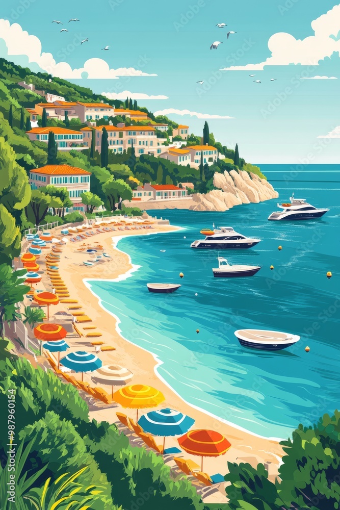 Poster illustration of a serene beach in the french riviera with turquoise waters gently lapping against a sandy beach
