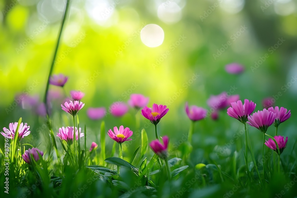 Pink wildflowers blooming in a field of green grass with a soft light Pink wildflowers blooming in a field of green grass with a soft light