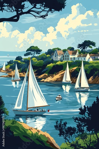 Obraz na płótnie Poster illustration of a sailing regatta in the gulf of morbihan with a fleet of sailboats racing across the calm waters of the gulf of morbihan with the lush green islands w salonie