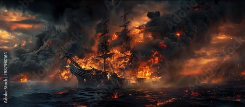 Fiery inferno consuming a ship, black clouds looming overhead.