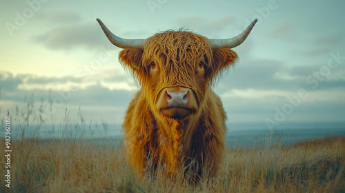 Majestic Highland cow with shaggy fur and large curved horns standing in a grassy field under a cloudy sky photo