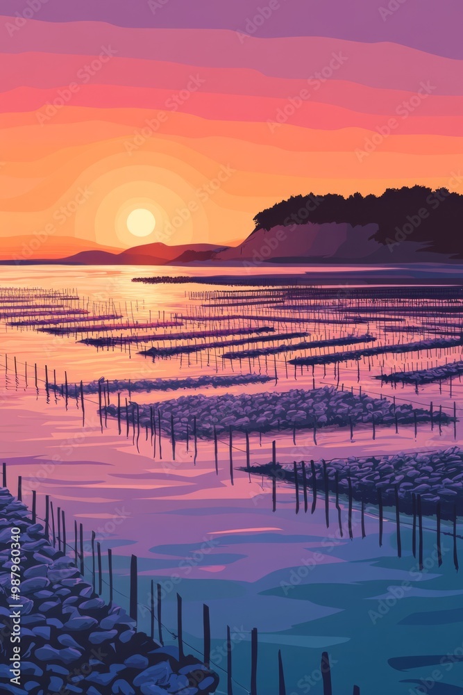 Poster illustration of oyster farms in the bassin d'arcachon rows of oyster beds stretching out into the calm waters of with the sun setting over the horizon
