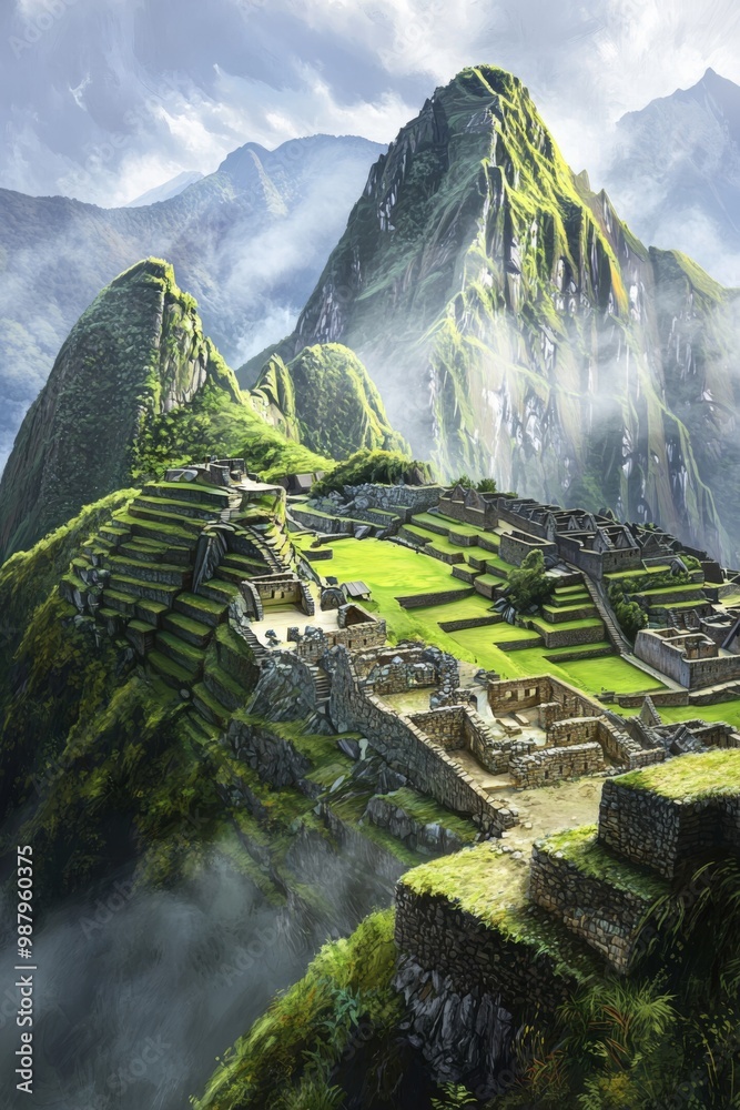 Poster illustration of the ancient ruins of machu picchu peru , the mistcovered terraces and stone structures of machu picchu set high in the andes mountains