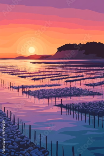 Obraz na płótnie Poster illustration of oyster farms in the bassin d'arcachon rows of oyster beds stretching out into the calm waters of with the sun setting over the horizon w salonie
