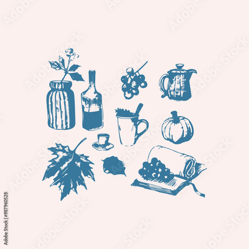 Fall clipart hand drawn traditional decor elements in trendy cottagecore style