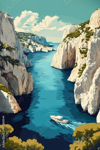 Poster illustration of the calanques near marseille with a small boat navigating 