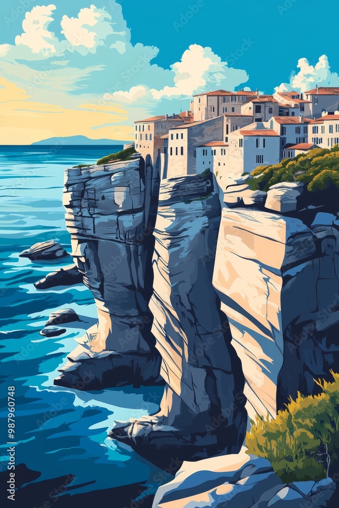 Poster illustration of the corsican coastline at bonifacio on the southern tip of corsica with the ancient town perched precariously on the edge