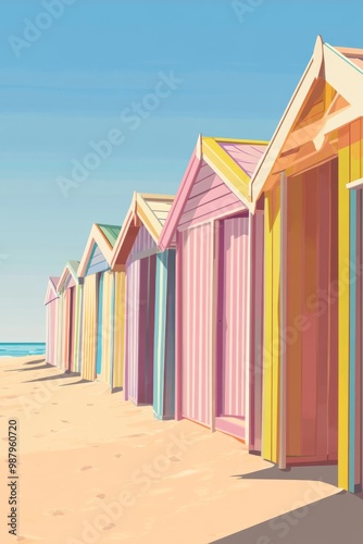 Poster illustration of the colorful beach huts of deauville the iconic striped beach huts lined up along the sandy shores of deauville normandy