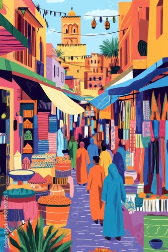 Poster illustration of the colorful markets of marrakech morocco with stalls filled with vibrant textiles spices and pottery 