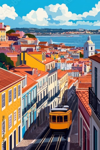 Poster illustration of the colorful rooftops of lisbon portugal with iconic yellow trams winding through the narrow streets