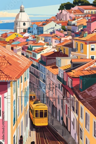 Poster illustration of the colorful rooftops of lisbon portugal with iconic yellow trams winding through the narrow streets