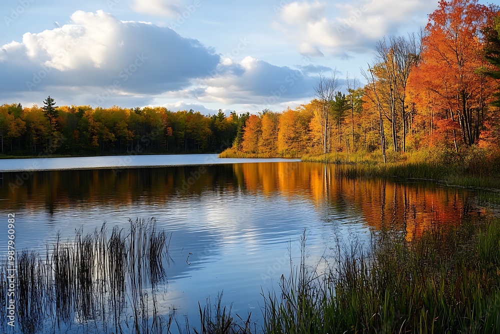 Tranquil Autumn Lake with Colorful Foliage and Clouds Reflecting in Water Tranquil Autumn Lake with Colorful Foliage and Clouds Reflecting in Water