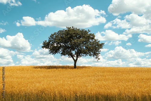 Lone Tree in a Golden Field with Blue Sky and Fluffy Clouds