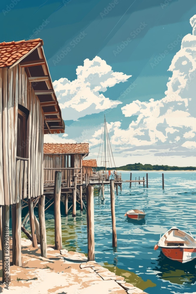 Illustration of the oyster port of la teste de buch the wooden huts and oyster beds depicted against the backdrop of the tranquil waters of the arcachon bay