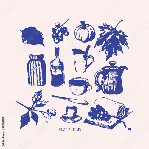 Fall clipart hand drawn traditional decor elements in trendy cottagecore style
