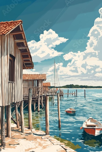 Obraz na płótnie Illustration of the oyster port of la teste de buch the wooden huts and oyster beds depicted against the backdrop of the tranquil waters of the arcachon bay w salonie
