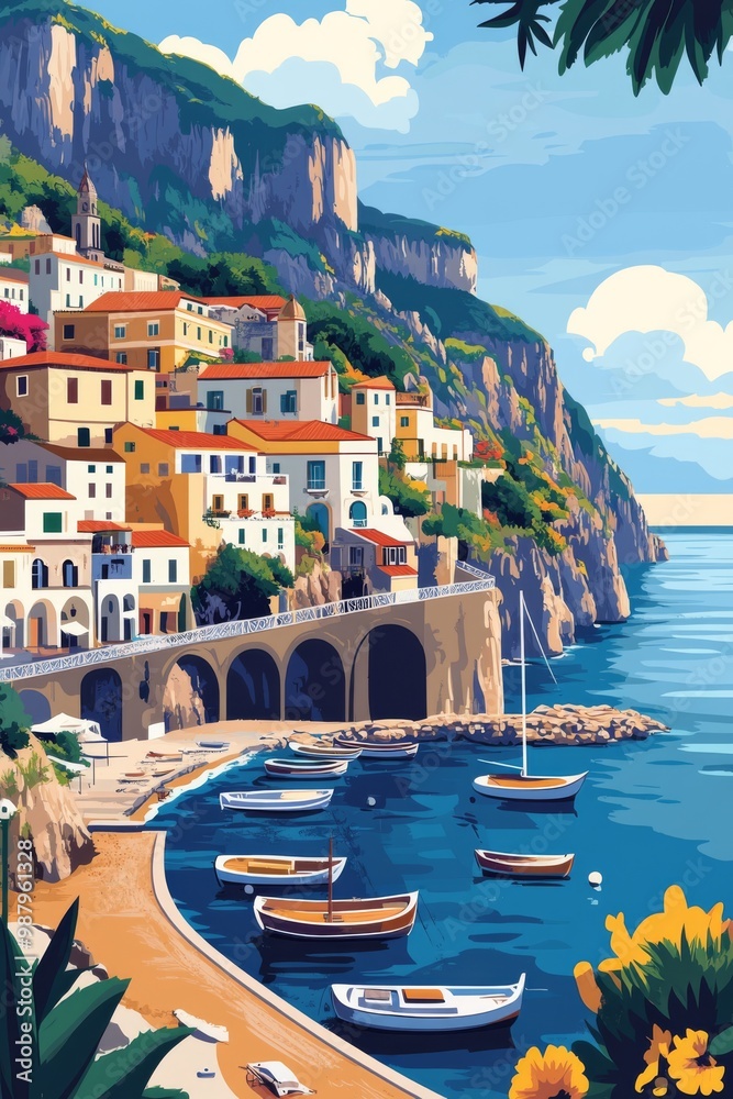Poster illustration of the picturesque amalfi coast italy the steep colorful villages of the amalfi coast clinging to the cliffs above the azure waters of the mediterranean