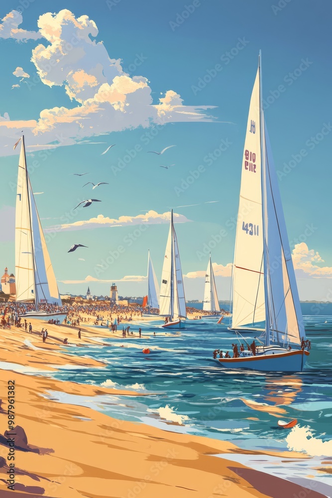 Illustration of the sables d'olonne beach during a regatta a vibrant scene of sailboats racing just off the coas