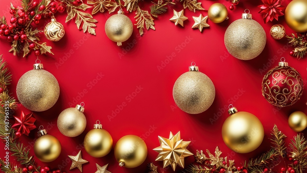 Festive arrangement of gold and red Christmas ornaments on a vibrant red background. Festive arrangement of gold and red Christmas ornaments on a vibrant red background.