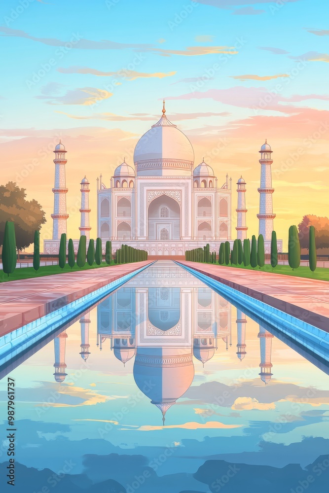 Obraz premium Poster illustration of the taj mahal at sunrise india with its iconic reflection in the calm waters