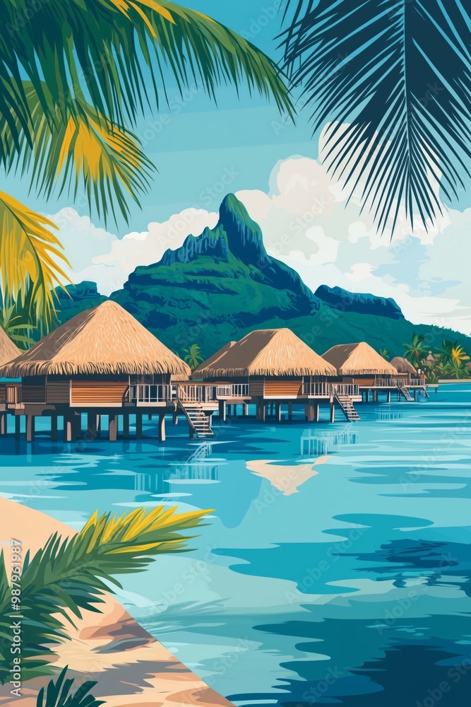 Poster illustration of the tropical paradise of bora bora french polynesia overwater bungalows with thatched roofs