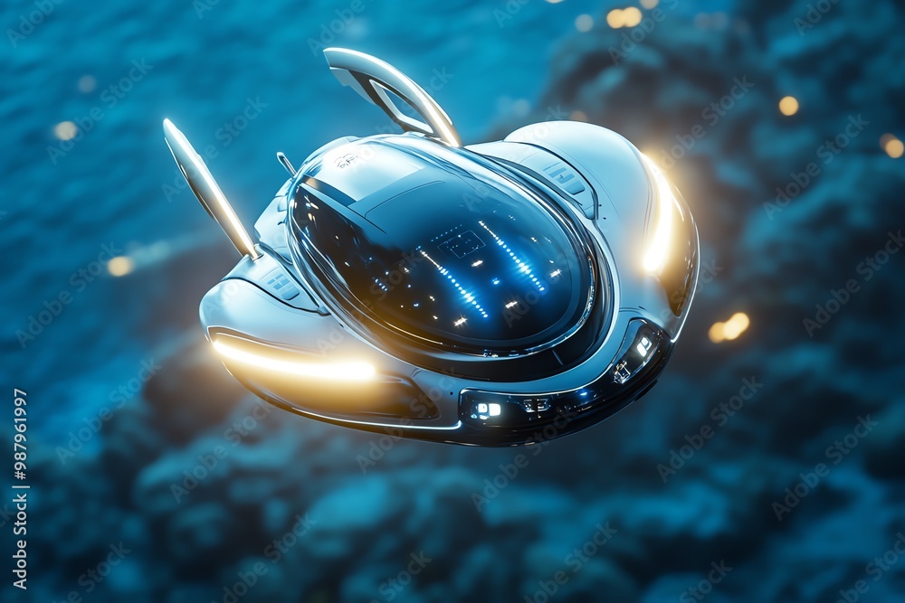 Fototapeta premium Futuristic underwater spacecraft, hovering just above the ocean floor, scanning the environment with bright lights