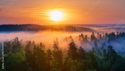 Amazing Sunrise Over Misty Landscape. Scenic View Of Foggy Morning Sky With Rising Sun Above Misty Forest. Middle Summer Nature Of Europe