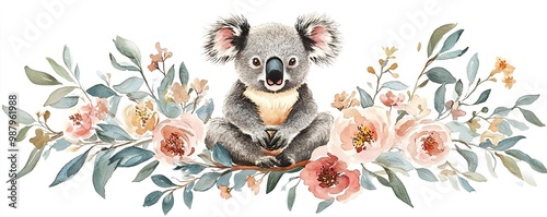 A charming koala surrounded by vibrant flowers, perfect for nature-themed designs and projects. photo